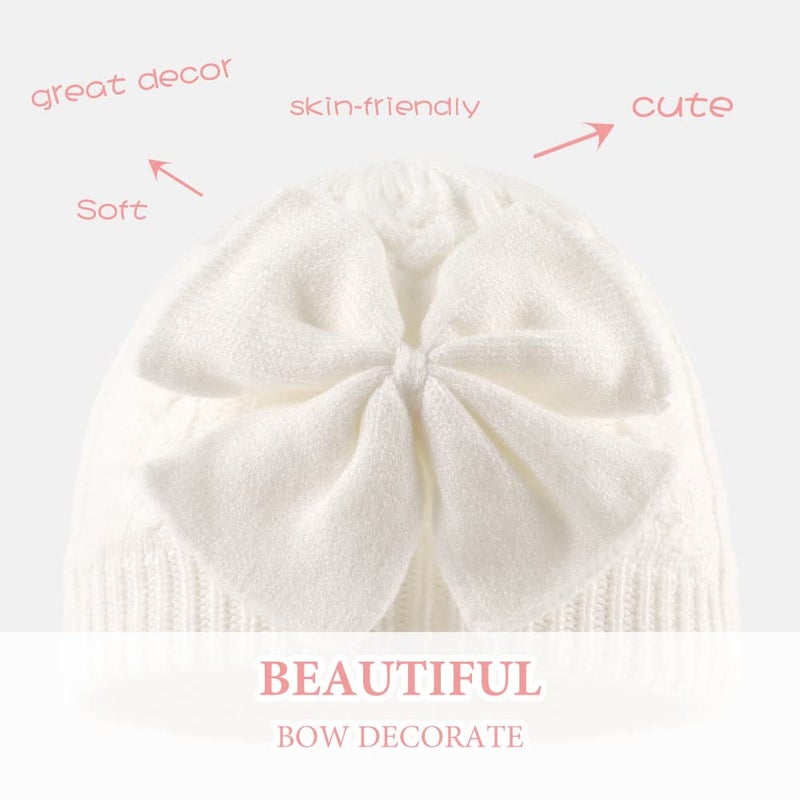 JANGANNSA Winter Warm Knitted Baby Hat for Girls Cotton Lined Infant Toddler Hat Autumn Cute Bow Classic Girls Beanie 0-6Y(L,White) - Image 3